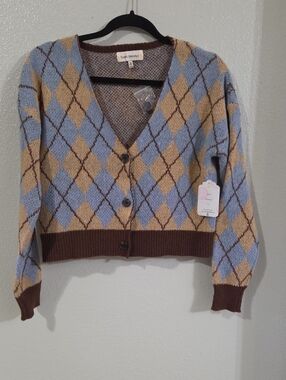 Sweet Republic V-Neck Argyle Cropped Cardigan - Blue & Tan